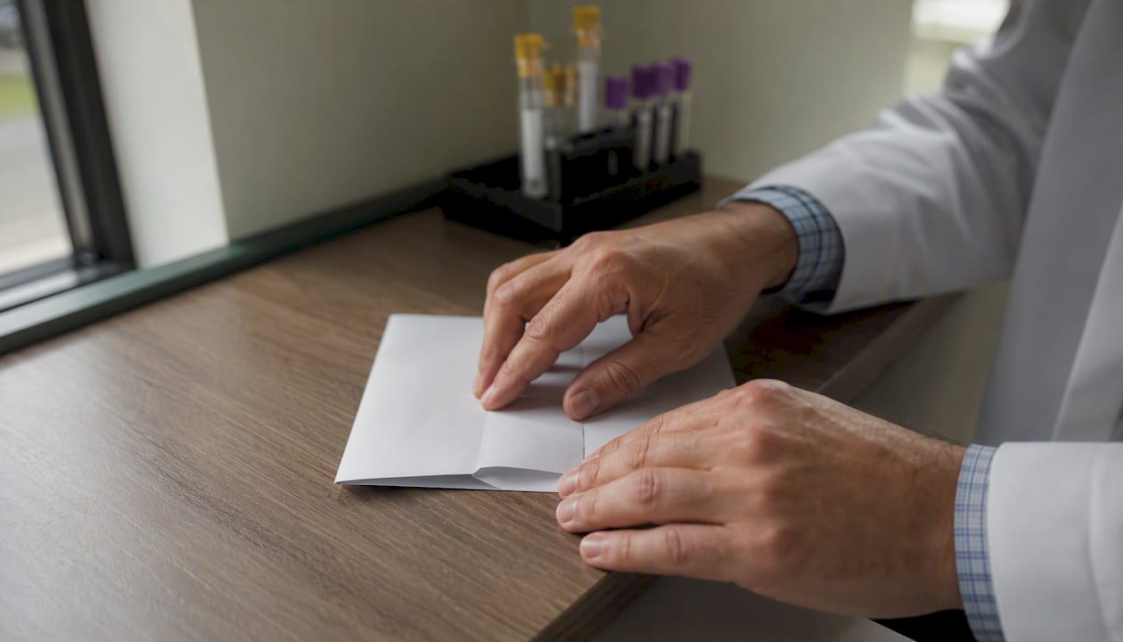 Hands sealing official I-693 form envelope