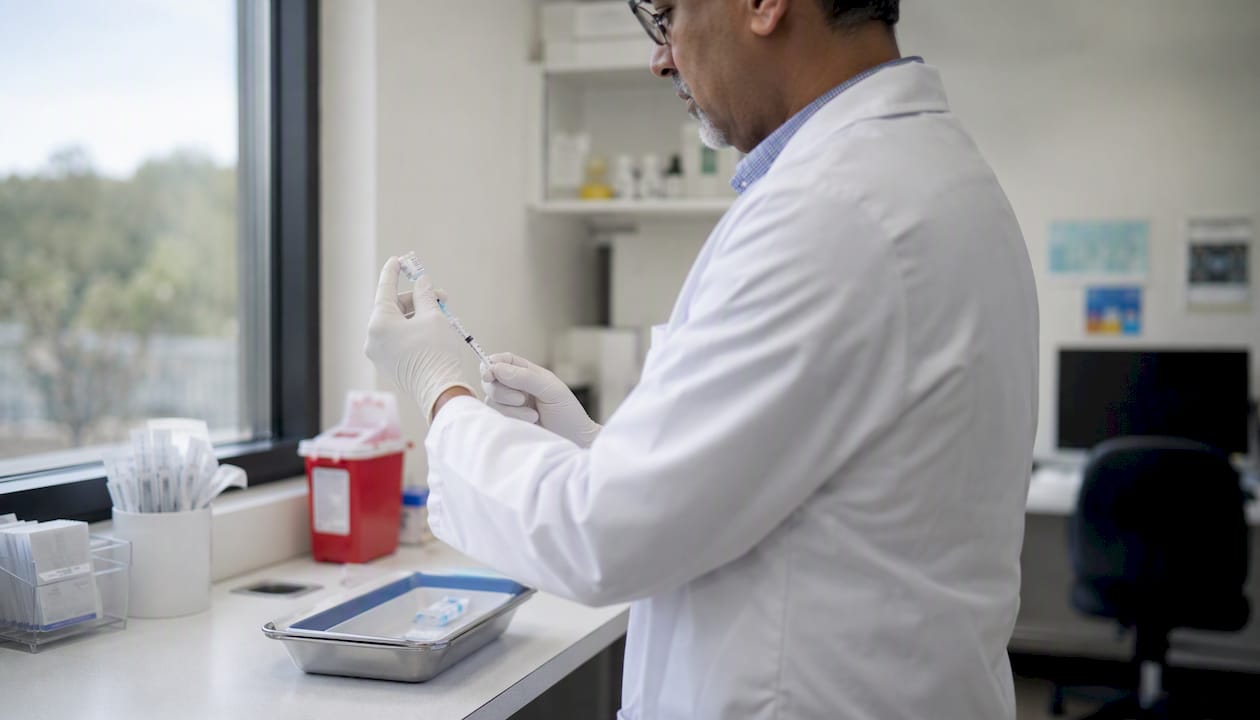 Civil surgeon preparing vaccine in immigration exam room