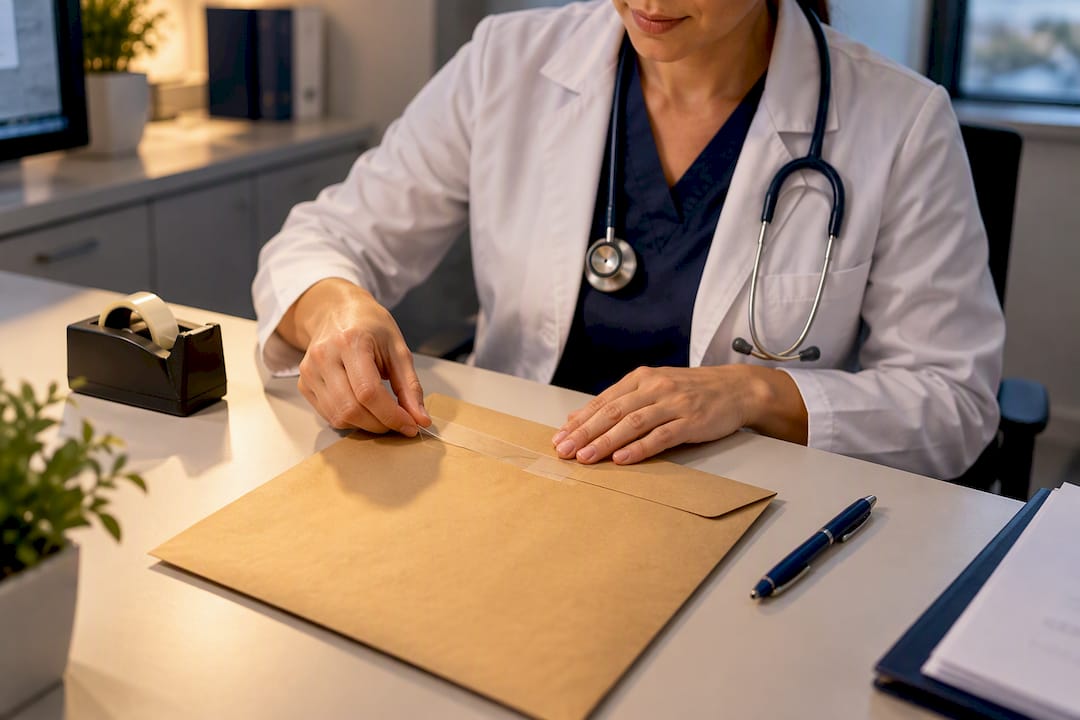 Hands sealing an I-693 envelope