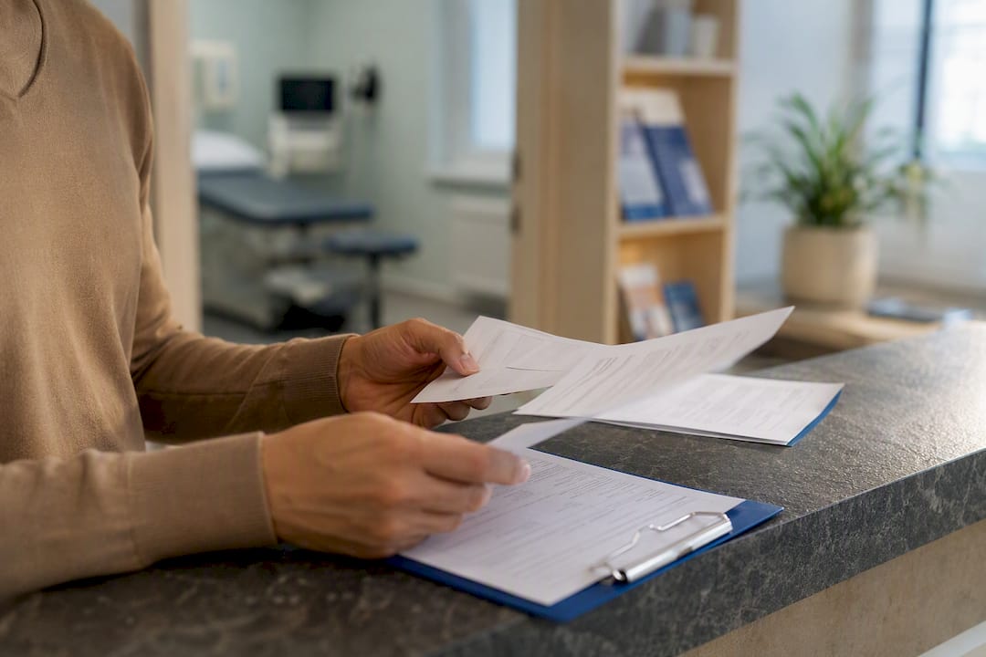 Manos ordenando los cargos del examen migratorio