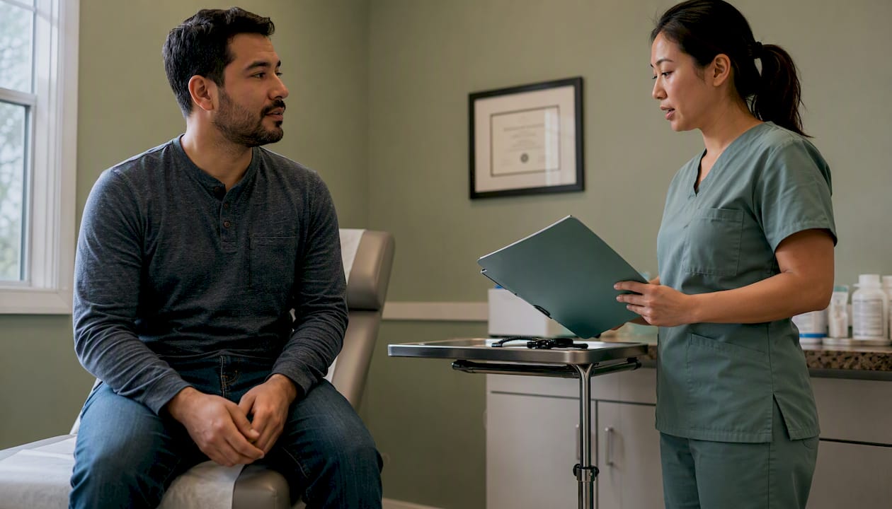 Patient and nurse in immigration medical exam clinic room